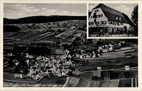 Ak Münsingen in Württemberg, Luftaufnahme von Gächingen, Gasthaus Rössl, ländliche Landschaft