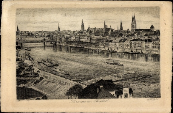 Postcard Hanseatic City of Bremen, city view of river landscape, architecture
