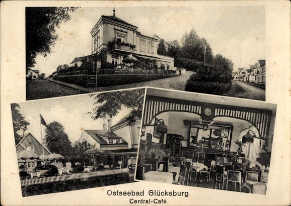 Postcard Glücksburg on the Baltic Sea, Ostseebad Central-Café, several buildings