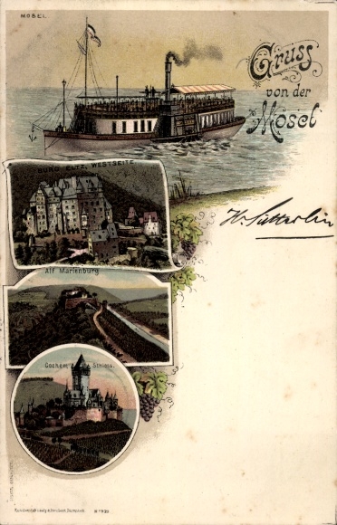 Chromo-Litho greeting from the Moselle, saloon steamer, Alf, Eltz Castle