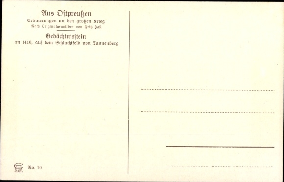 Artist Postcard Hass, F., Stębark Tannenberg East Prussia, memorial stone, Battle of Tannenberg 1410