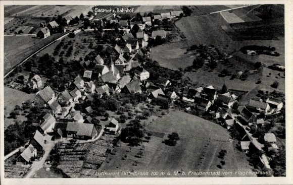 Ak Bittelbronn Haigerloch im Zollernalbkreis, Luftaufnahme, Gasthof z.Bahnhof, Landschaft, Flugze