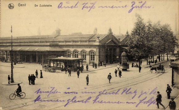 Ak Gent Oost-Vlaanderen, De Zuidstatie, zicht op het treinstation, straatzijde
