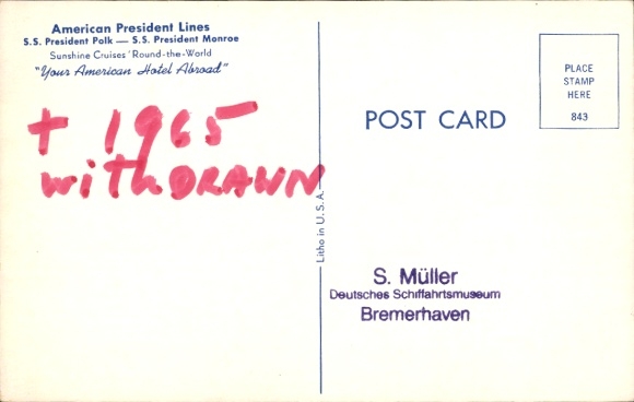 Artist Postcard passenger ship SS President Polk, SS President Monroe, American President Lines