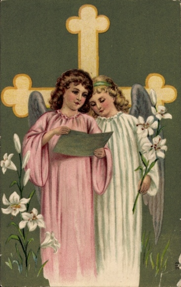 Embossed Postcard Engel, Kreuz, Lilien