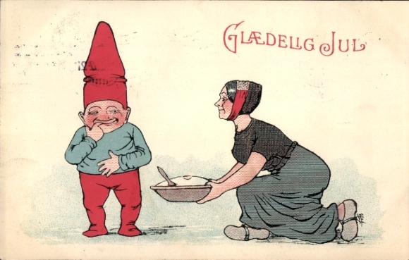 Postcard Merry Christmas, woman kneels before the dwarf