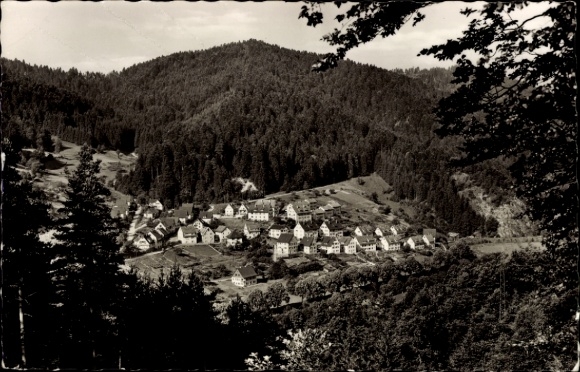 Postcard Schiltach in the Black Forest, landscape with settlement, mountains in the background, trees, black and white
