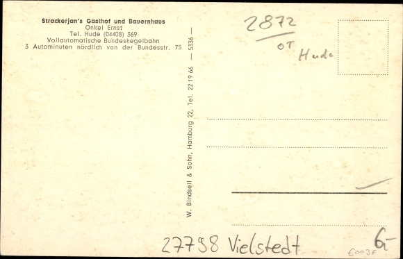 Postcard Vielstedt Hude in Oldenburg, Vielstedter Burnhus Flett, Strackerjan&#39;s