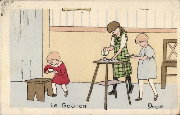 Artist Postcard Children drinking tea in a house
