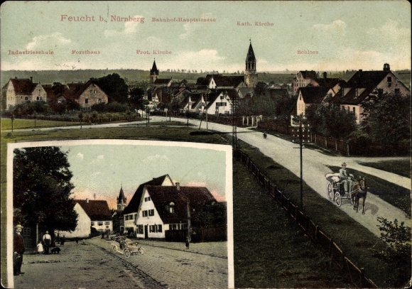 Ak Feucht im Kreis Nürnberger Land Mittelfranken, Bahnhof Hauptstraße, Industrieschule, Forsthaus