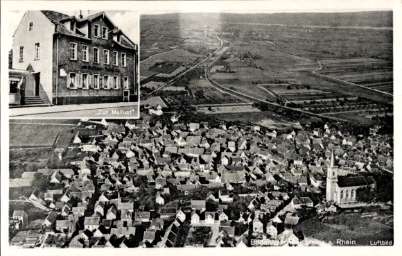 Postcard Bodenheim in Rheinhessen, aerial photograph, Gasthaus Zur Mailust