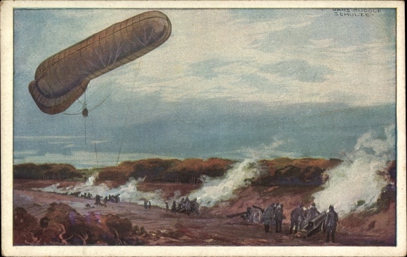 Artist PC Schulze, Hans Rudolf, captive balloon of the German Air Fleet in WWI, artillery