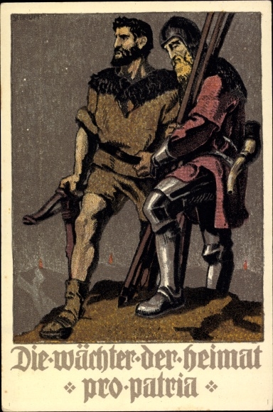 Postwaardestuk kunstenaarsbriefkaart Zwitsers nationaal feest 1910, de bewakers van het vaderland, Pro Patria, Tell