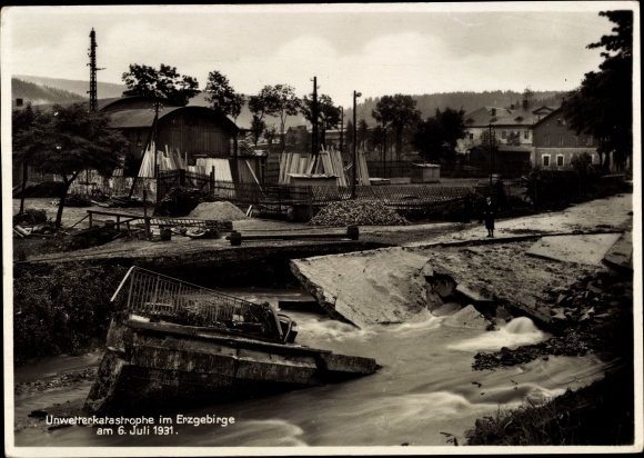 PC Johanngeorgenstadt in the Erzgebirge, bridge collapse in Wittichstal, flood July 6th, 1931