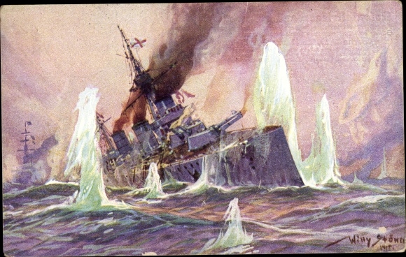 Artist PC Stöwer, Willy, Naval Battle North Sea 1915, English battle cruiser, German cruiser
