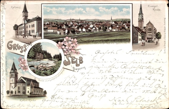 Chromo-Litho Selb in the Fichtelgebirge Upper Franconia, Catholic Church, Protestant Church, Town Hall, general view