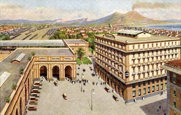 Artist Postcard Napoli Naples Campania, Hotel Terminus, Train Station, Vesuvius