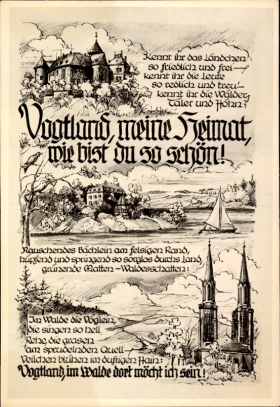 Artist Postcard Oelsnitz Vogtland, poem, Vogtland my homeland, how beautiful you are!, church, castle
