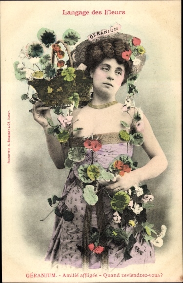 Postcard Language of Flowers, Geranium, Blumensprache, Frau