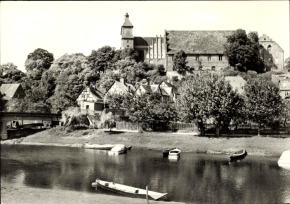 Postcard Havelberg in Saxony-Anhalt, view of the town, harbor with boats, church and historic...