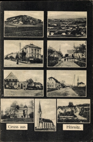 Ansichtkaart Bertsdorf Hörnitz Oberlausitz, panorama, kerk, kasteel, straten, bedrijfsgebouw