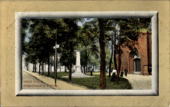 Postcard Brake on the Weser, war memorial, church, park-like surroundings, walkers