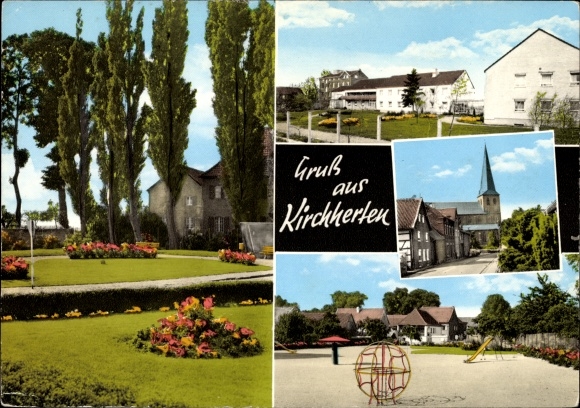 Postcard Kirchherten Bedburg an der Erft, church, playground, houses, gardens