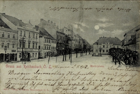 Mondschein Ak Reichenbach in der Oberlausitz, Marktplatz