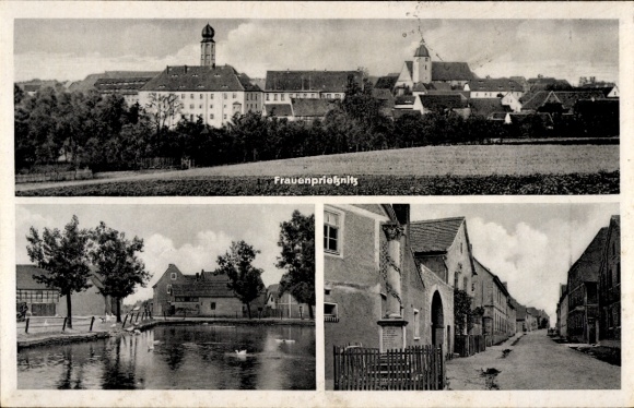 Postcard Frauenprießnitz in Thuringia, view of the town, street view, pond