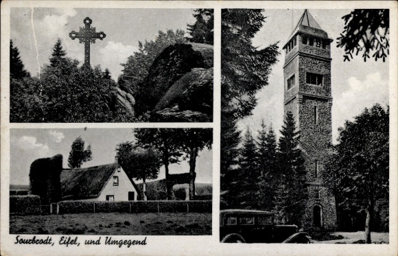 Ak Sourbrodt in der Eifel Weismes Wallonien Lüttich, Teilansichten, Turm, Kreuz