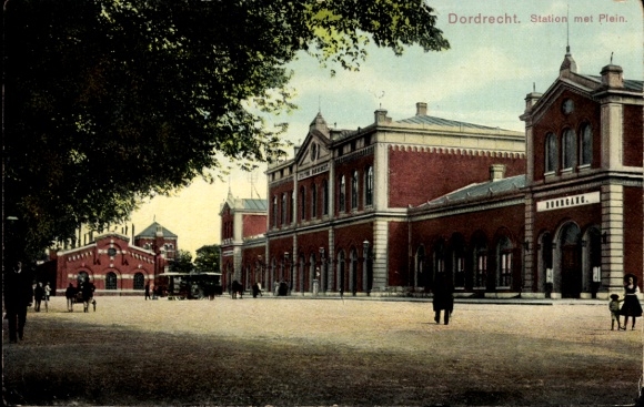 Postcard Dordrecht South Holland Netherlands, train station with square