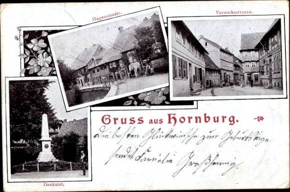 Postcard Hornburg Schladen Werla in Lower Saxony, Hagenstrasse, Vorwerkstrasse, monument