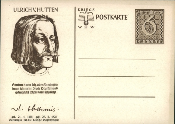 Postal stationery PC Ulrich von Hutten, portrait, war WHW
