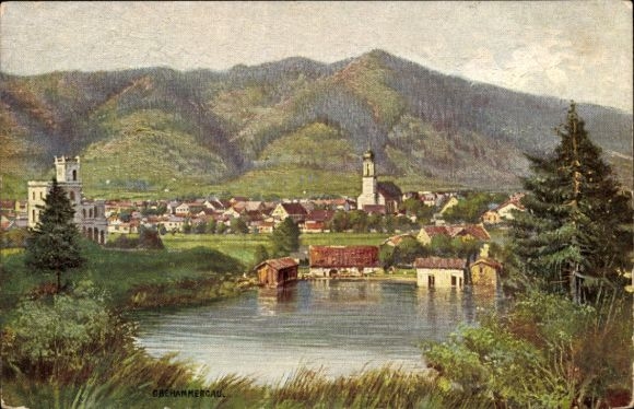 Postcard Oberammergau in Upper Bavaria, landscape with mountains, church, water, crucifixion group