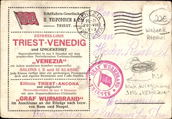 Ansichtkaart drie-schroef turbine express stoomboot Venezia, Triëst-Venetië, D. Tripcovich