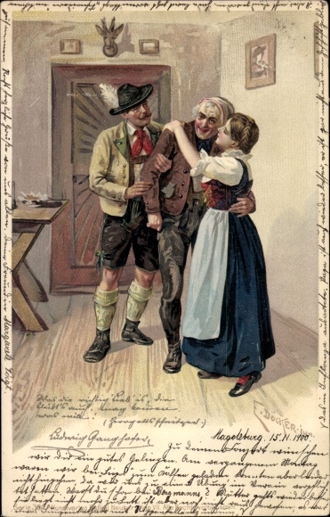 Kunstenaar litho Döcker, E, echtpaar in traditionele klederdracht, op bezoek bij hun vader, Ludwig Ganghofer