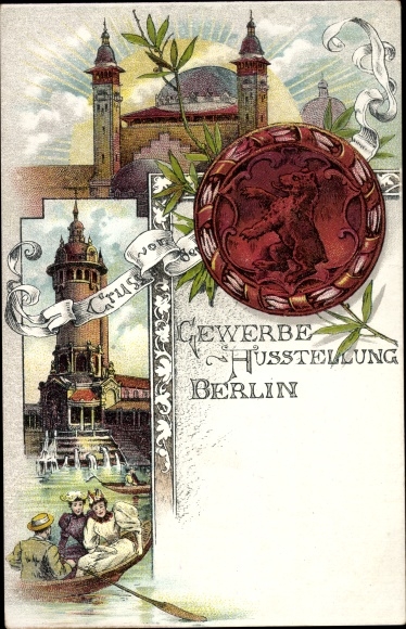 lito Berlin, wystawa handlowa 1896, foka, słońce, łódź wiosłowa,