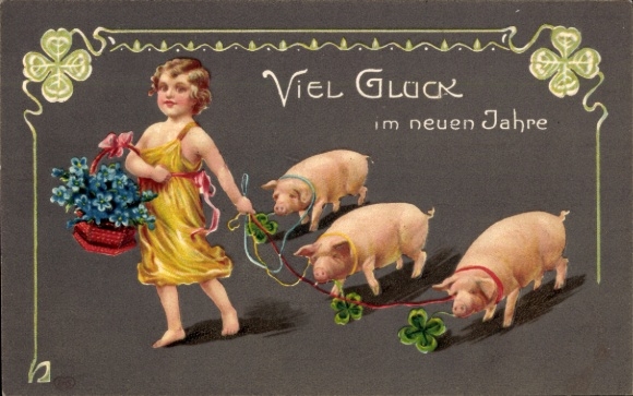 Embossed PC Happy New Year, child, flower basket, pigs, lucky clover