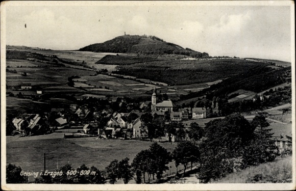 Postcard Geising Altenberg in the Ore Mountains, landscape view, Ore Mountains, village view, hill in the background