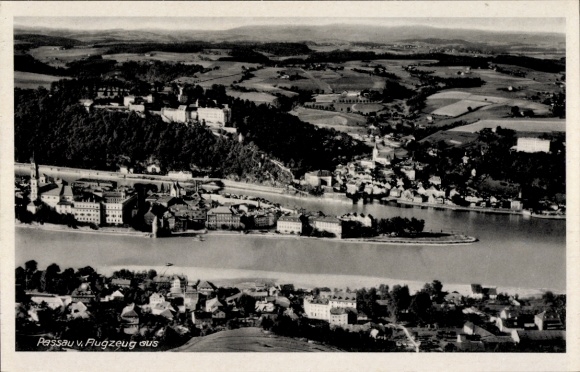 Postcard Passau in Lower Bavaria, panorama, aerial photograph