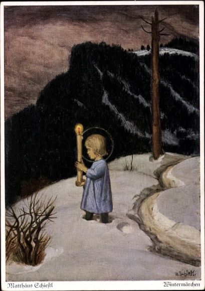 Artist PC Schiestl, Matthäus, winter fairy tale, child with candle in the snow