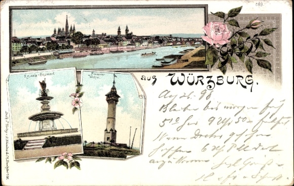 Chromo-Litho Würzburg am Main Lower Franconia, fountain, lookout, general view
