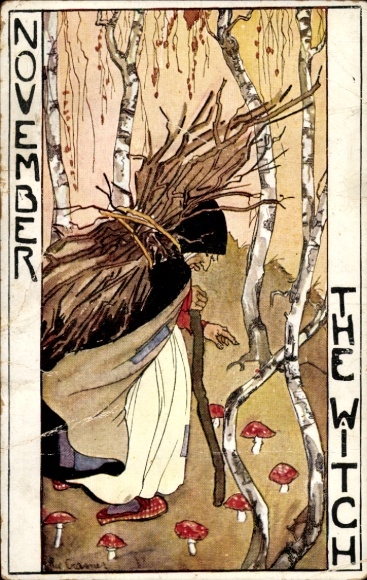 Artist Postcard Cramer, Rie, November, allegory, toadstools, old woman
