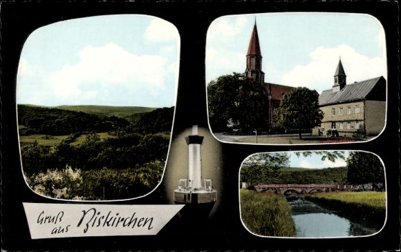 PC Biskirchen Leun an der Lahn, landscape, church, building, river, bridge, greetings from Biskirchen