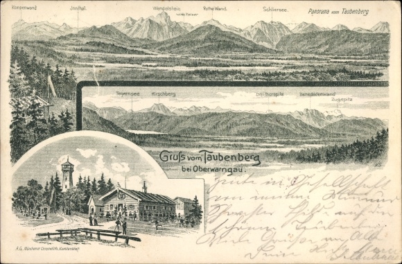 Chromo-Litho Oberwarngau Warngau, Panorama from Taubenberg, Kampenwand, Schliersee, Rote Wand