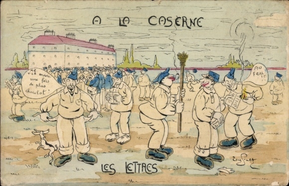 Künstler Ak Französische Soldaten, Kaserne, Briefe, Humor