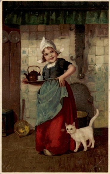 Postcard girl in Dutch costume, tea, cat, kitchen