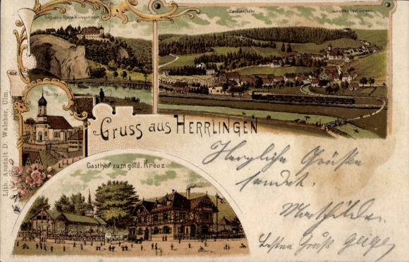 Litho Herrlingen Blaustein in Württemberg, Gasthof zum goldenen Kreuz, Kirche