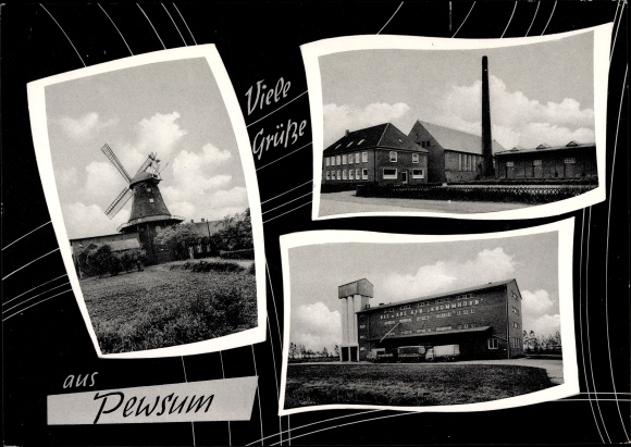 Postcard Pewsum Krummhörn in East Friesland, windmill, storage, factory