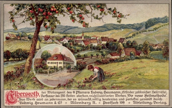 Chromo-Litho Elbersroth Herrieden in Middle Franconia, view of the place, girl picks flowers